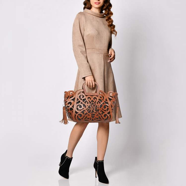 Pre Owned Ralph Lauren Brown Laser Cut Vachetta Leather Small Scroll Tote