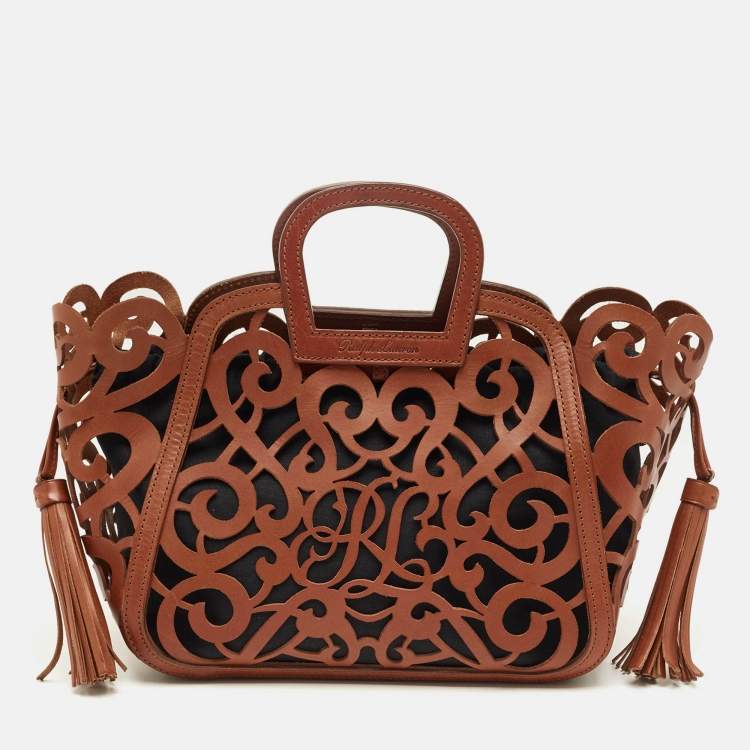 Pre Owned Ralph Lauren Brown Laser Cut Vachetta Leather Small Scroll Tote