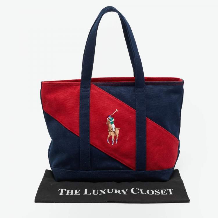 Pre Owned Ralph Lauren Navy Blue/Red Canvas Embroidered Tote