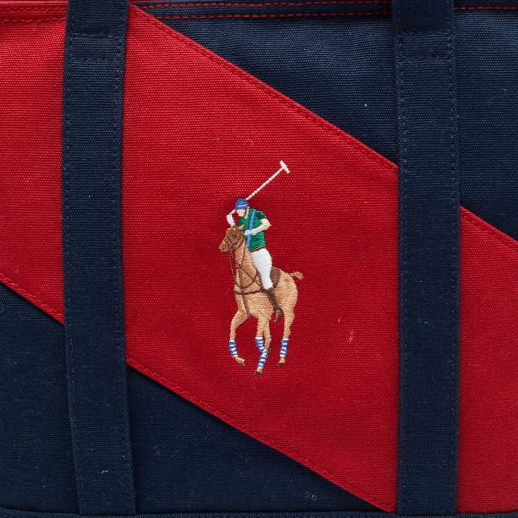 Pre Owned Ralph Lauren Navy Blue/Red Canvas Embroidered Tote