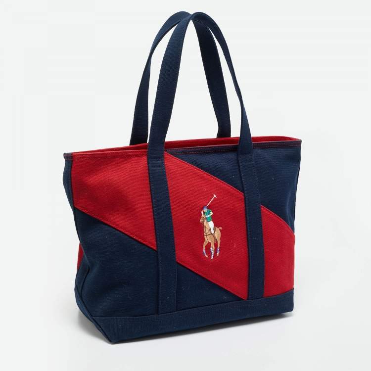 Pre Owned Ralph Lauren Navy Blue/Red Canvas Embroidered Tote