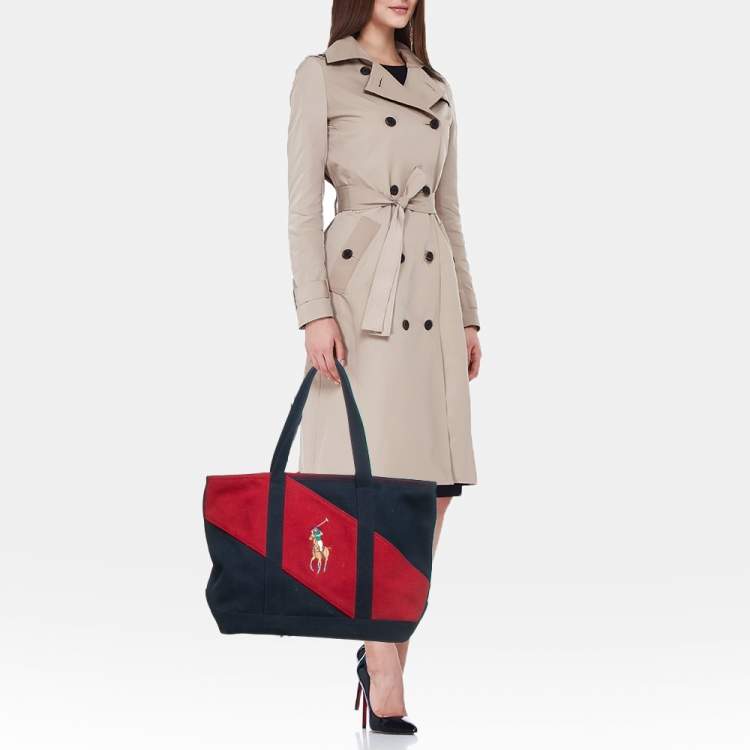 Pre Owned Ralph Lauren Navy Blue/Red Canvas Embroidered Tote