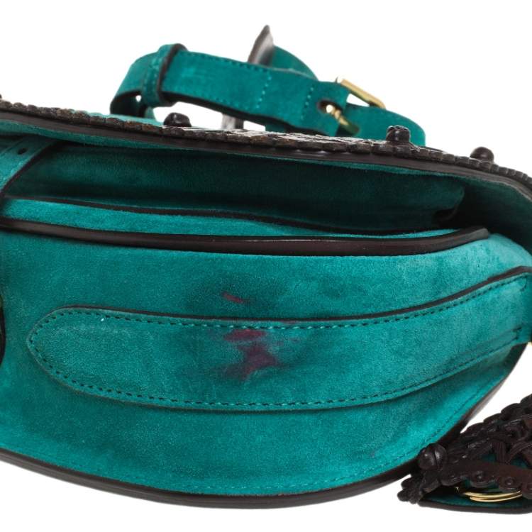 Pre Owned Ralph Lauren Turquoise Suede aand Leather Embroidered Saddle Bag