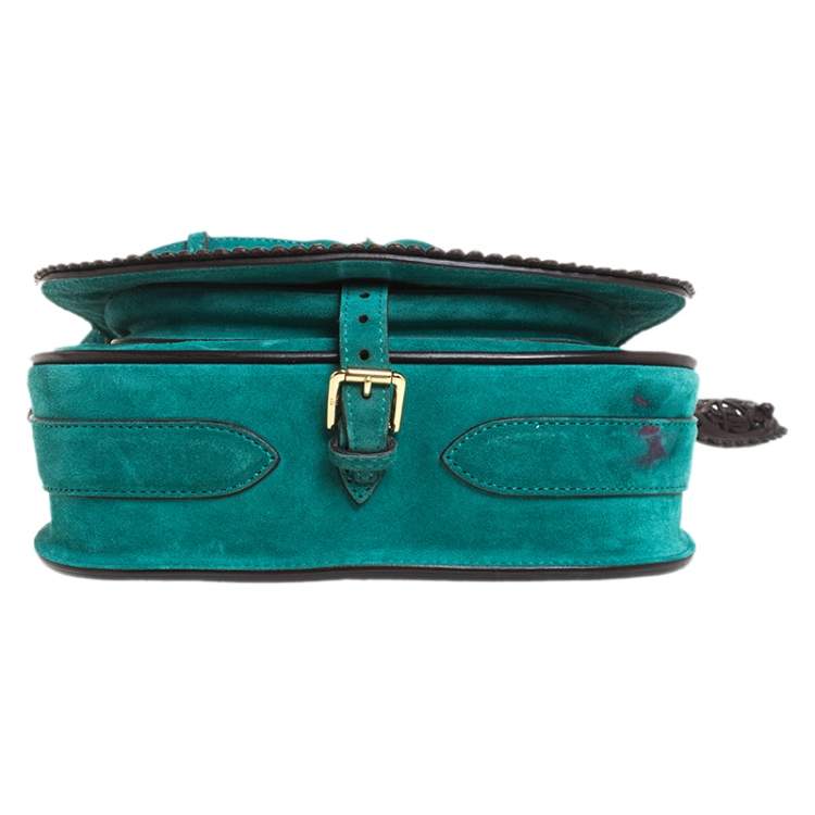 Pre Owned Ralph Lauren Turquoise Suede aand Leather Embroidered Saddle Bag