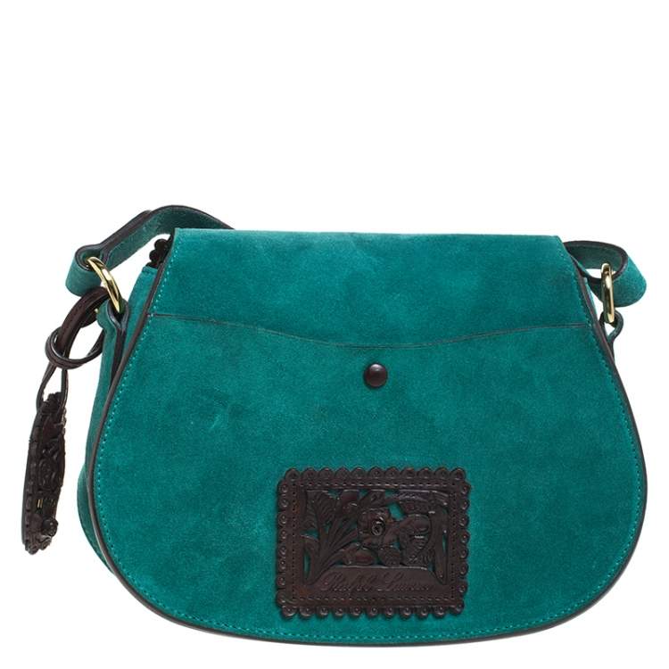 Pre Owned Ralph Lauren Turquoise Suede aand Leather Embroidered Saddle Bag