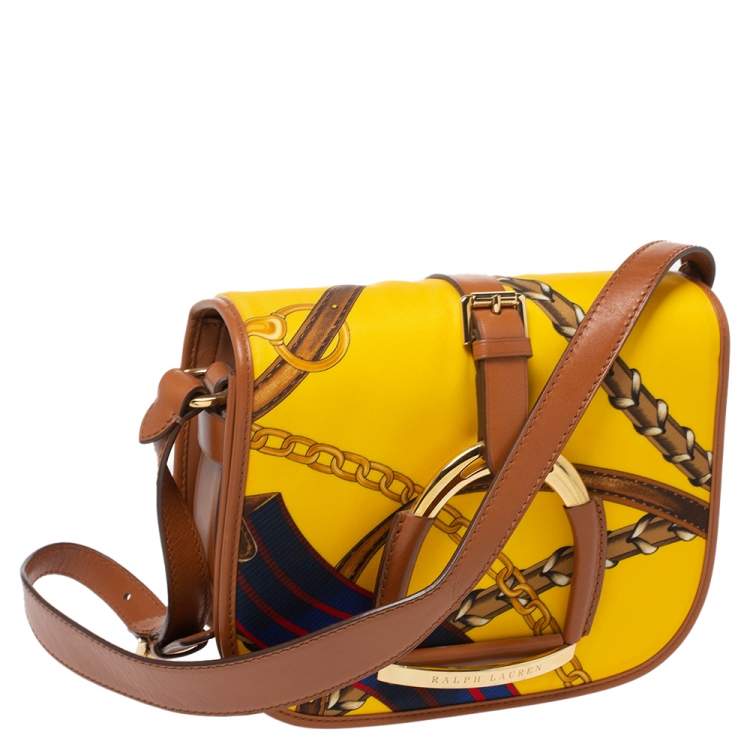 Pre Owned Ralph Lauren Yellow/Brown Printed Nylon and Leather Equestrian Flap Crossbody Bag