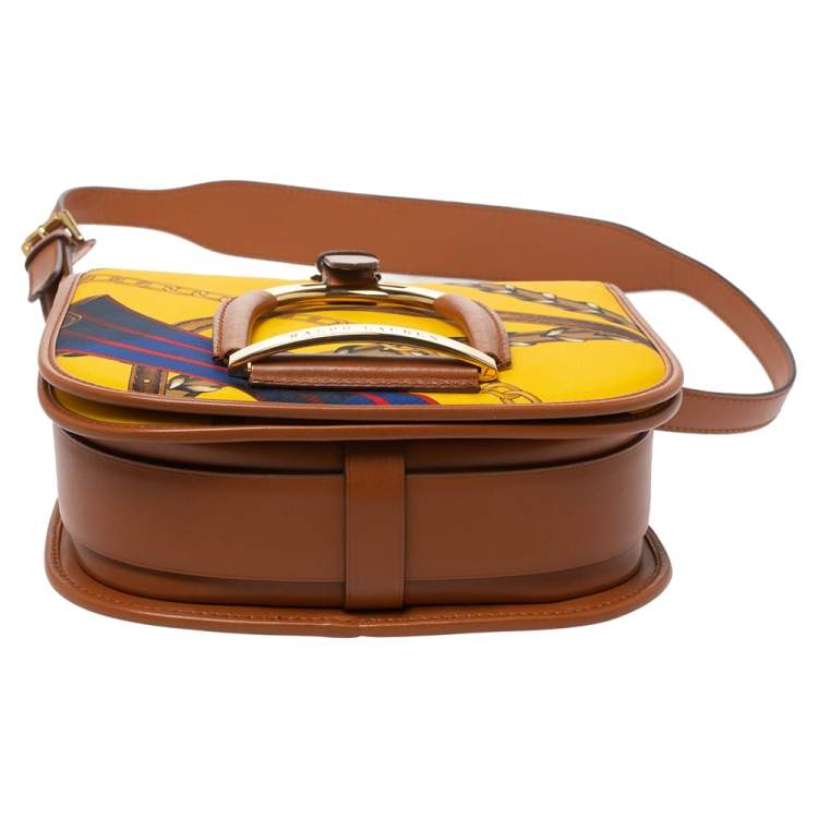 Pre Owned Ralph Lauren Yellow/Brown Printed Nylon and Leather Equestrian Flap Crossbody Bag