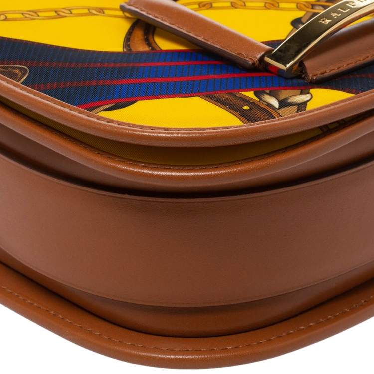 Pre Owned Ralph Lauren Yellow/Brown Printed Nylon and Leather Equestrian Flap Crossbody Bag