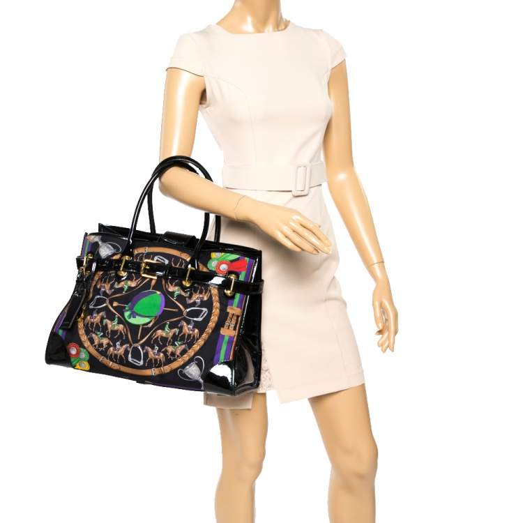 Pre Owned Ralph Lauren Black Printed Canvas and Patent Leather Buckle Tote