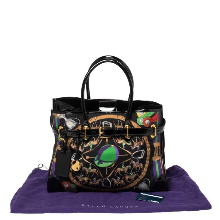 Pre Owned Ralph Lauren Black Printed Canvas and Patent Leather Buckle Tote