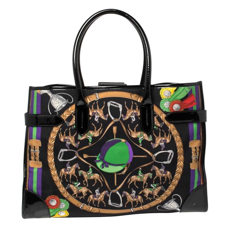 Pre Owned Ralph Lauren Black Printed Canvas and Patent Leather Buckle Tote