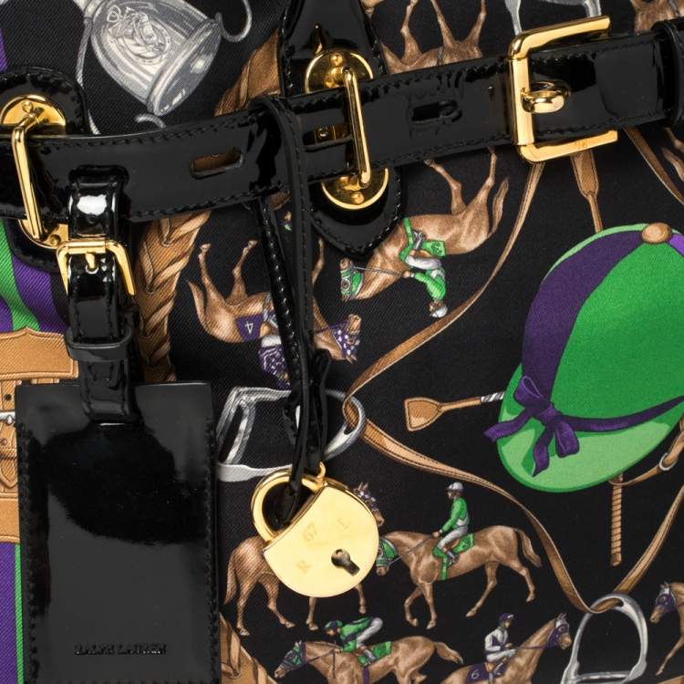 Pre Owned Ralph Lauren Black Printed Canvas and Patent Leather Buckle Tote