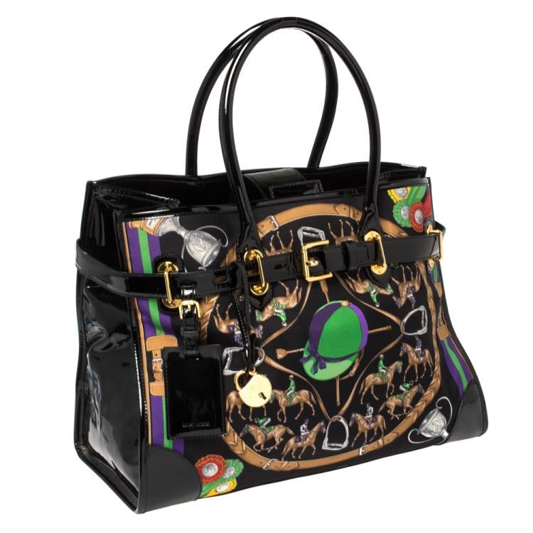 Pre Owned Ralph Lauren Black Printed Canvas and Patent Leather Buckle Tote