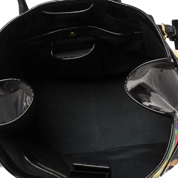 Pre Owned Ralph Lauren Black Printed Canvas and Patent Leather Buckle Tote