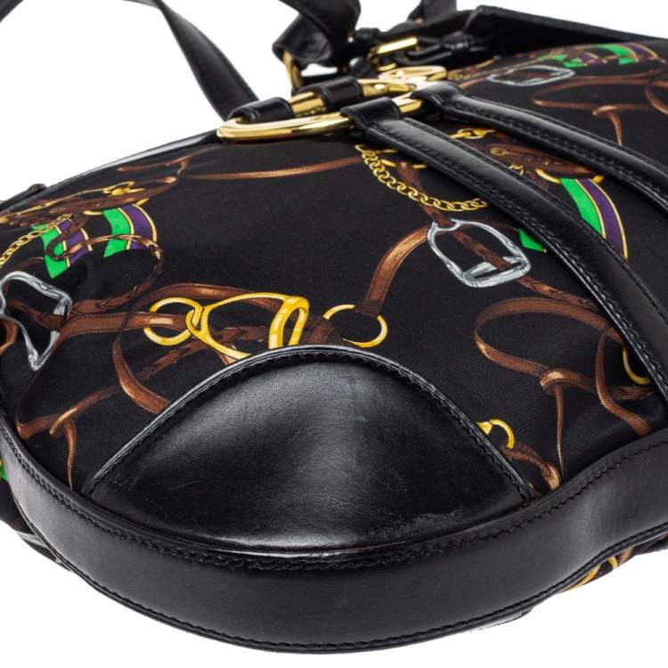 Pre Owned Ralph Lauren Black Equestrian Print Nylon and Leather Hobo