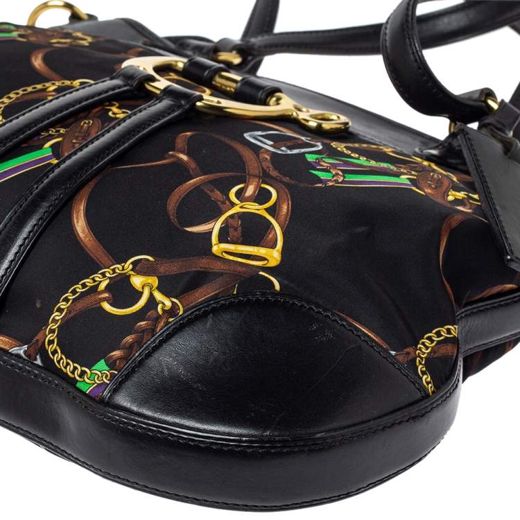 Pre Owned Ralph Lauren Black Equestrian Print Nylon and Leather Hobo