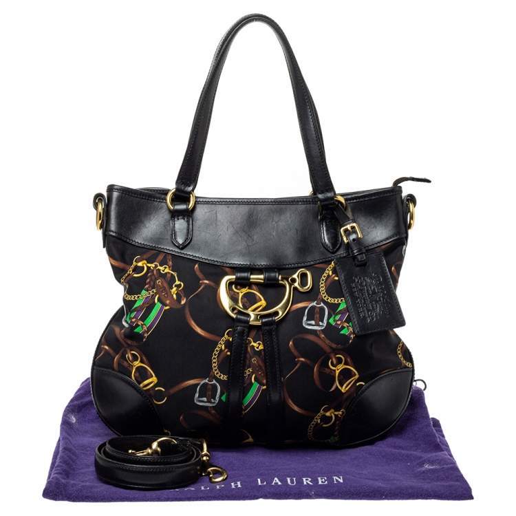 Pre Owned Ralph Lauren Black Equestrian Print Nylon and Leather Hobo