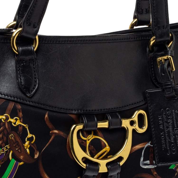Pre Owned Ralph Lauren Black Equestrian Print Nylon and Leather Hobo
