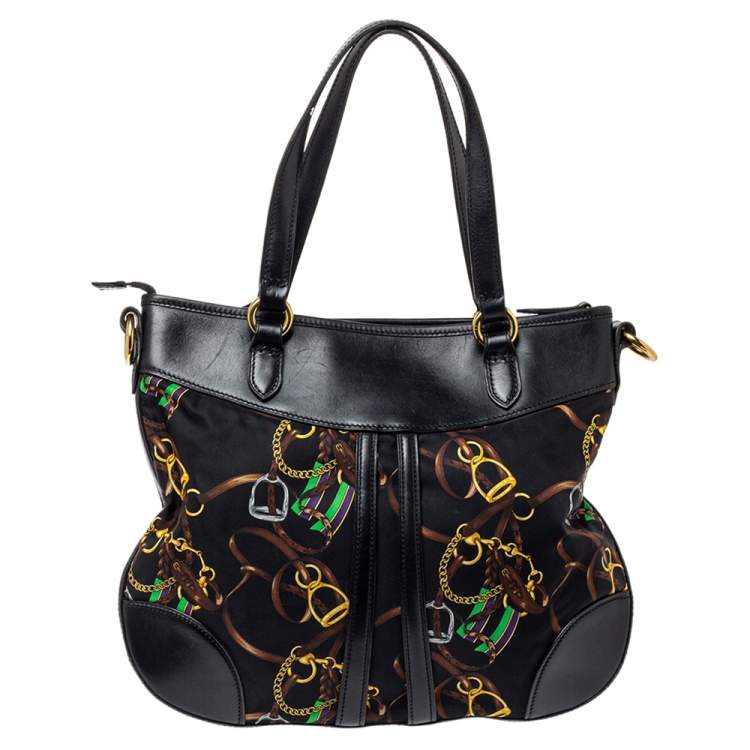 Pre Owned Ralph Lauren Black Equestrian Print Nylon and Leather Hobo