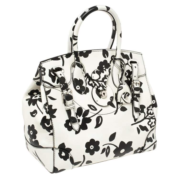 Pre Owned Ralph Lauren White/Black Floral Print Soft Leather Ricky Tote