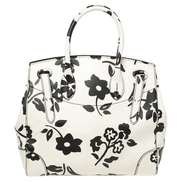 Pre Owned Ralph Lauren White/Black Floral Print Soft Leather Ricky Tote