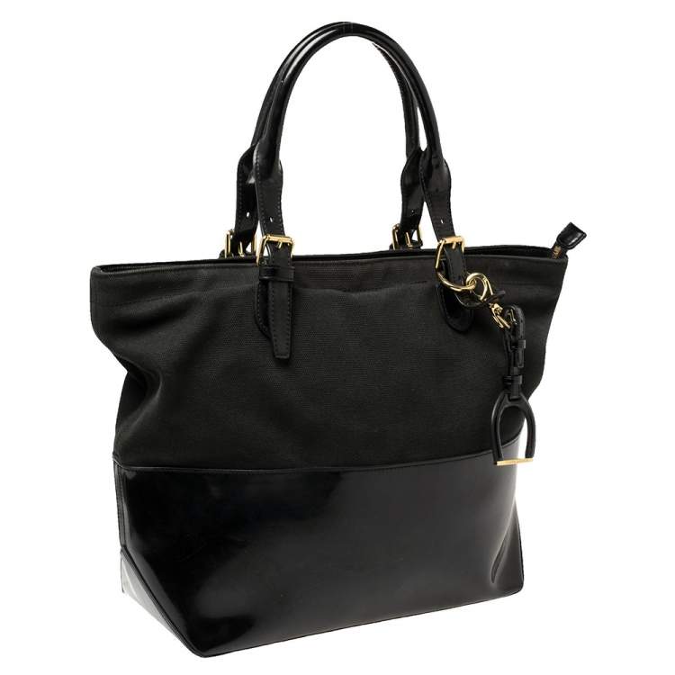 Pre Owned Ralph Lauren Black Patent Leather and Canvas Shopper Tote