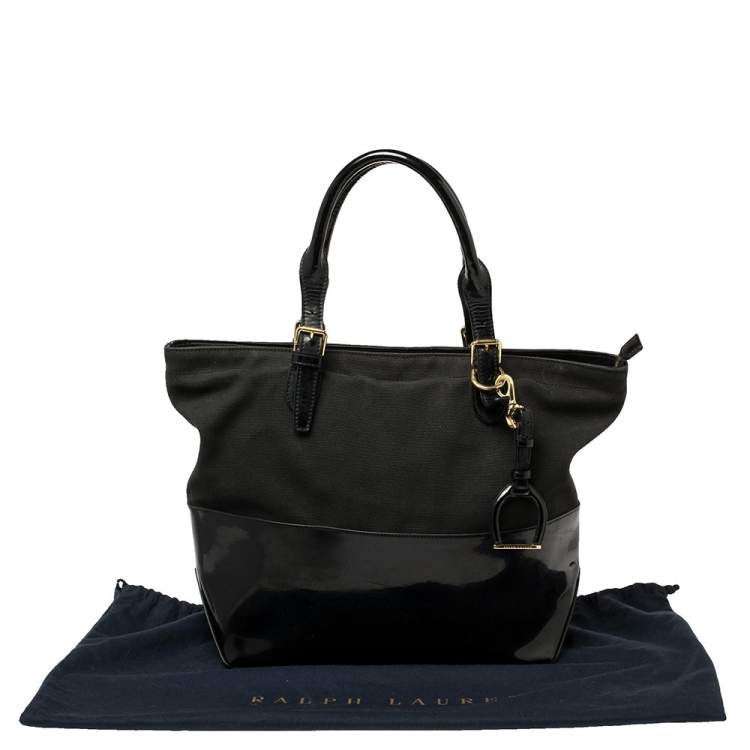 Pre Owned Ralph Lauren Black Patent Leather and Canvas Shopper Tote
