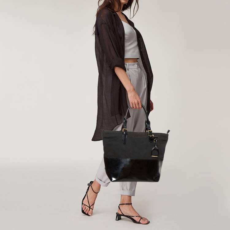 Pre Owned Ralph Lauren Black Patent Leather and Canvas Shopper Tote
