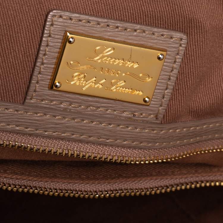 Pre Owned Ralph Lauren Metallic Dark Beige Leather Logo Embossed Tote
