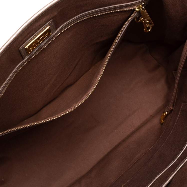 Pre Owned Ralph Lauren Metallic Dark Beige Leather Logo Embossed Tote