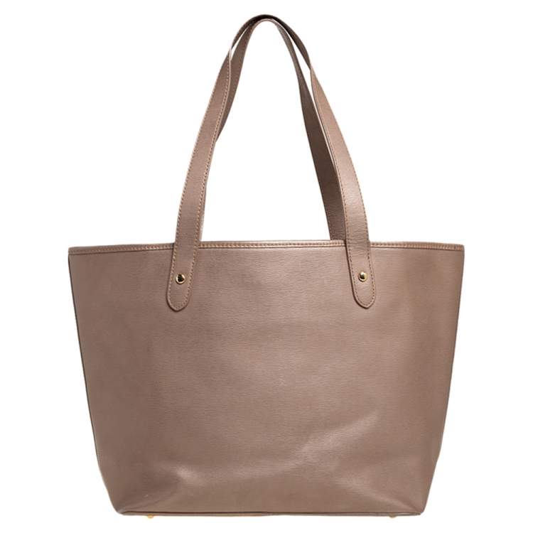 Pre Owned Ralph Lauren Metallic Dark Beige Leather Logo Embossed Tote