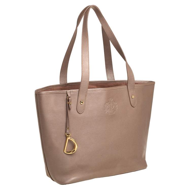 Pre Owned Ralph Lauren Metallic Dark Beige Leather Logo Embossed Tote