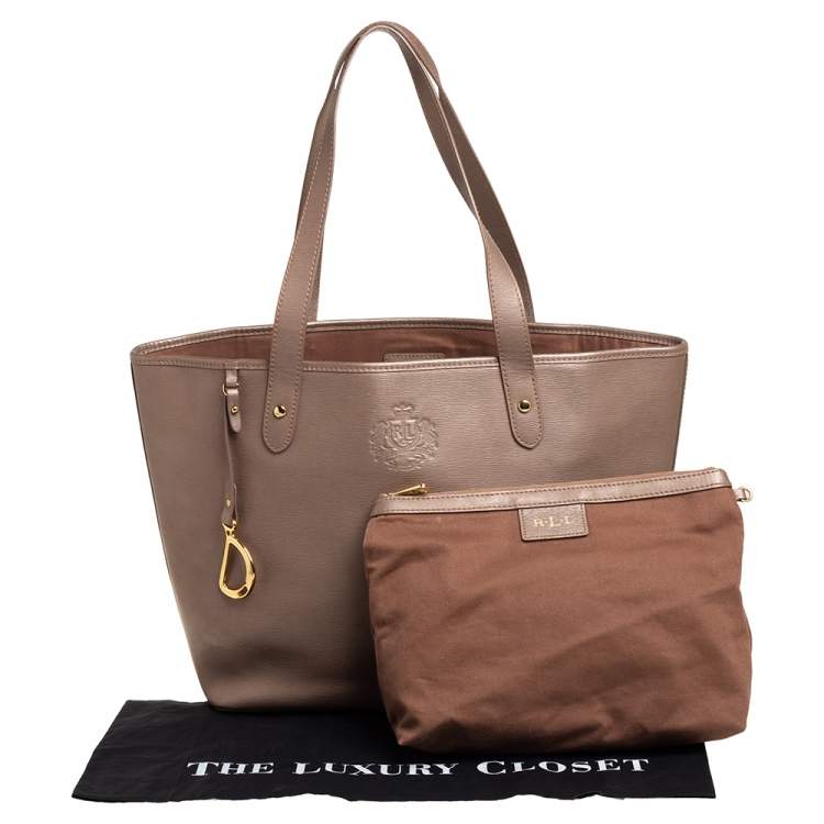 Pre Owned Ralph Lauren Metallic Dark Beige Leather Logo Embossed Tote