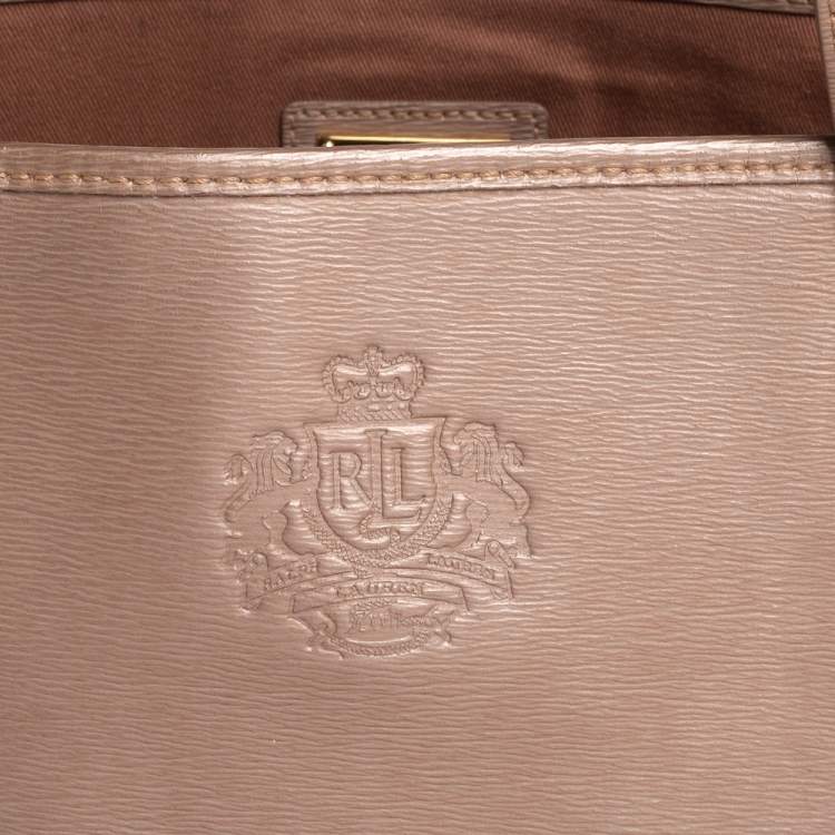 Pre Owned Ralph Lauren Metallic Dark Beige Leather Logo Embossed Tote