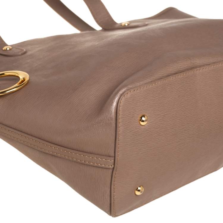 Pre Owned Ralph Lauren Metallic Dark Beige Leather Logo Embossed Tote