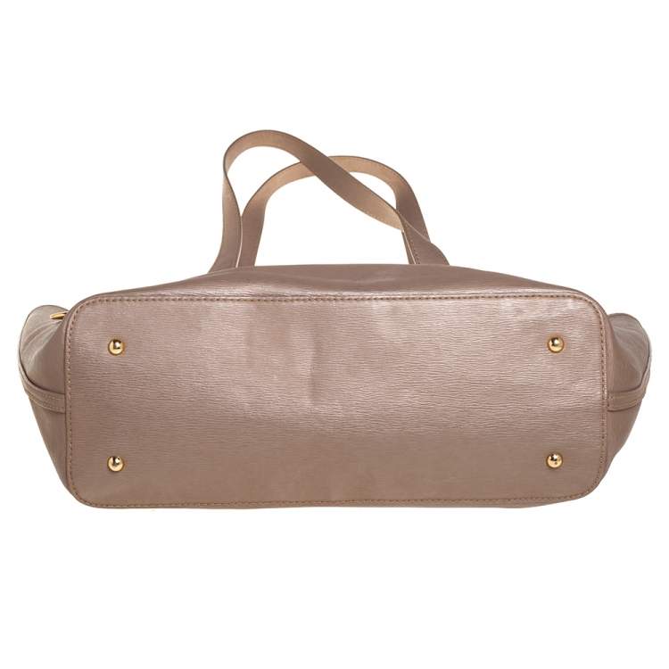 Pre Owned Ralph Lauren Metallic Dark Beige Leather Logo Embossed Tote