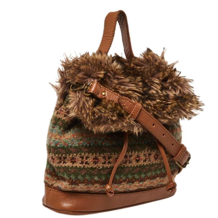 Pre Owned Ralph Lauren Multicolor Faux Fur Flap And Crochet Drawstring Bucket Bag