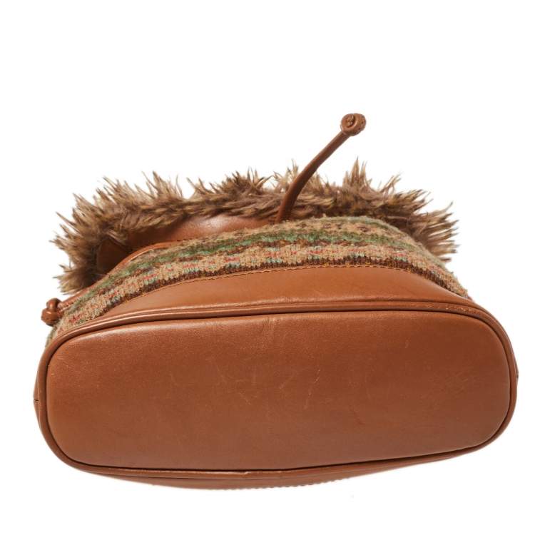 Pre Owned Ralph Lauren Multicolor Faux Fur Flap And Crochet Drawstring Bucket Bag