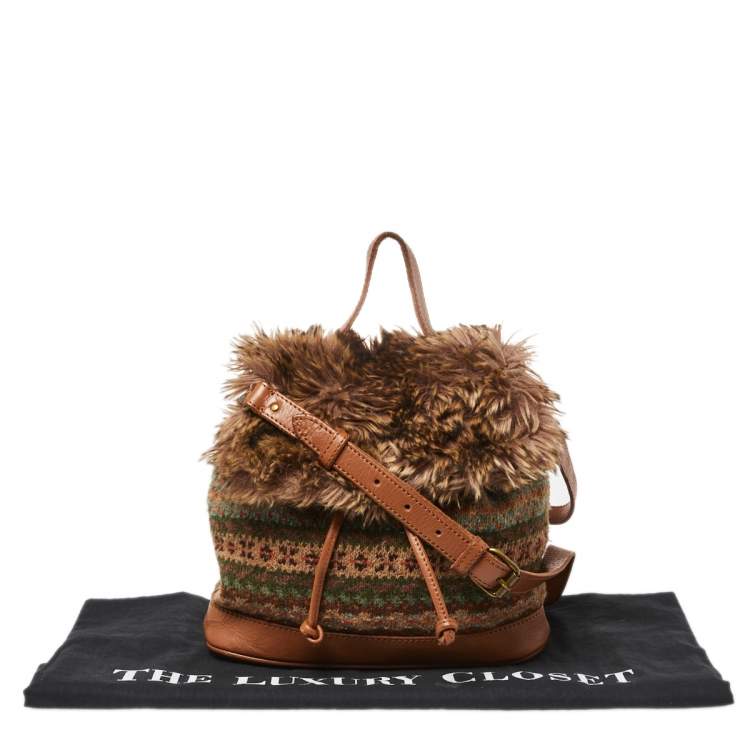 Pre Owned Ralph Lauren Multicolor Faux Fur Flap And Crochet Drawstring Bucket Bag