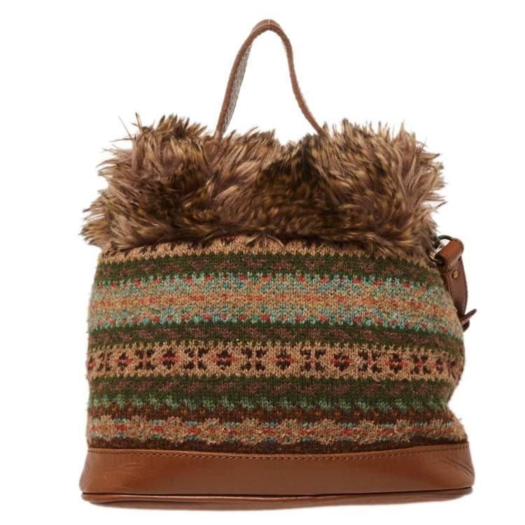Pre Owned Ralph Lauren Multicolor Faux Fur Flap And Crochet Drawstring Bucket Bag