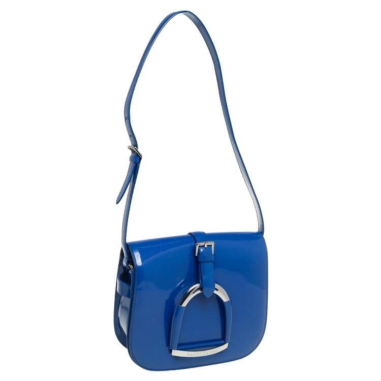 مملوكة مسبقًا Ralph Lauren Blue Patent Leather Stirrup Flap Shoulder Bag