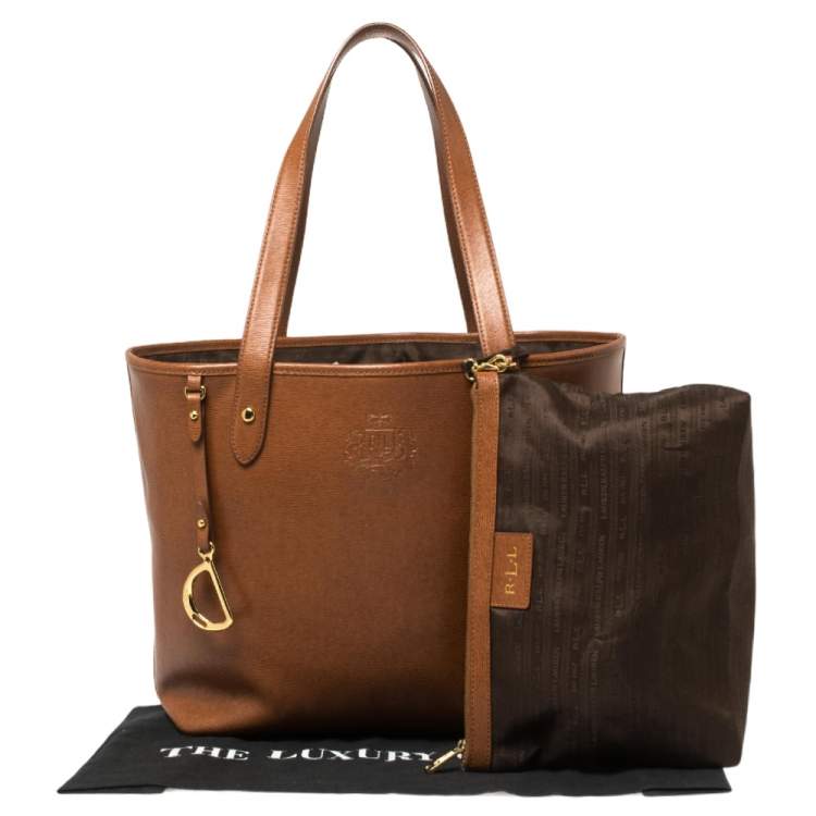 Pre Owned Ralph Lauren Brown Leather RLL Logo Embossed Tote