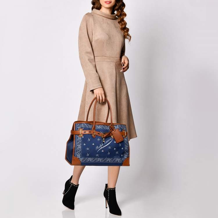 Pre Owned Ralph Lauren Navy Blue/Brown Printed Fabric and Leather Buckle Lock Tote