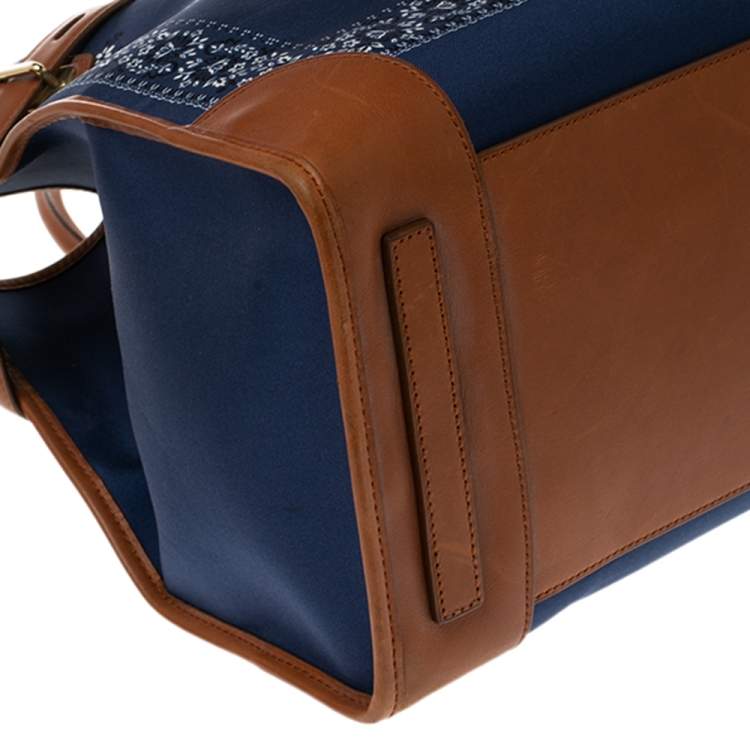 Pre Owned Ralph Lauren Navy Blue/Brown Printed Fabric and Leather Buckle Lock Tote