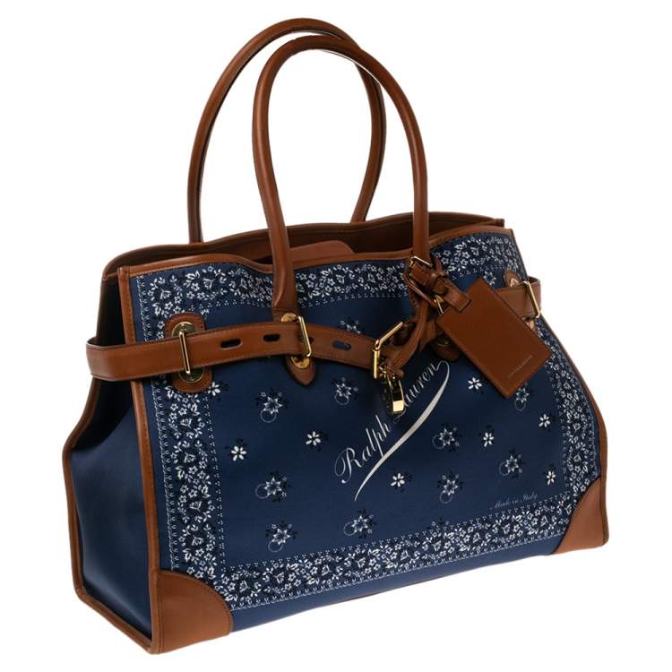 Pre Owned Ralph Lauren Navy Blue/Brown Printed Fabric and Leather Buckle Lock Tote