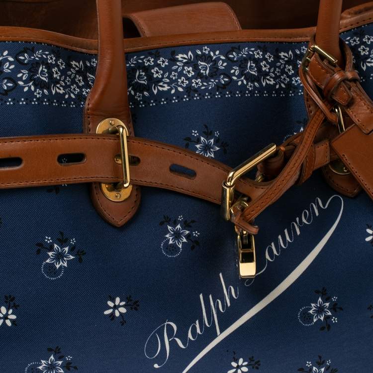 Pre Owned Ralph Lauren Navy Blue/Brown Printed Fabric and Leather Buckle Lock Tote