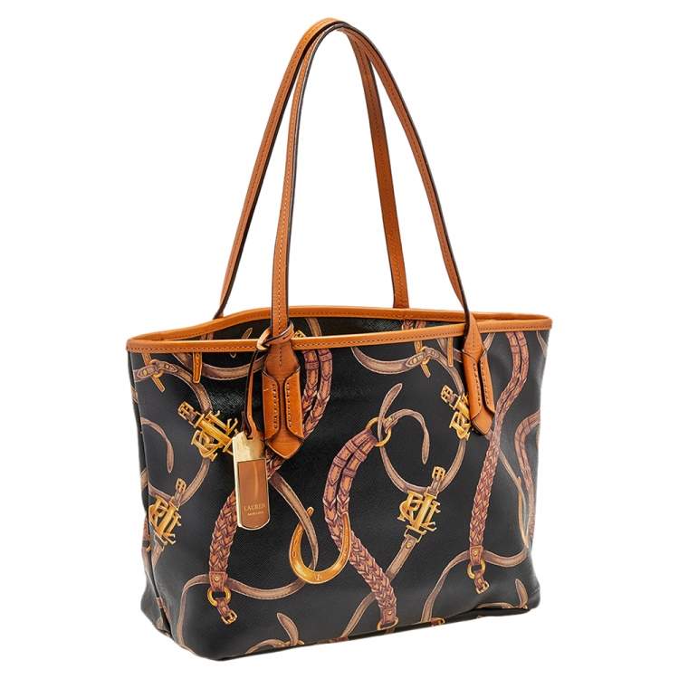 Pre Owned Ralph Lauren Black/Brown Equestrian Print PVC And Leather Shopper Tote