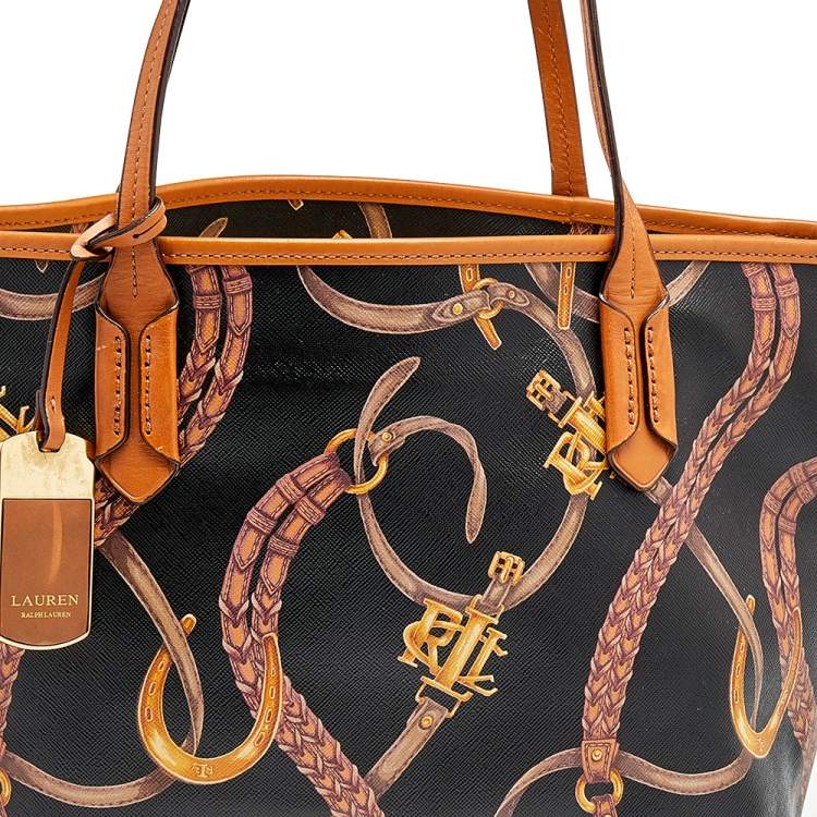 Pre Owned Ralph Lauren Black/Brown Equestrian Print PVC And Leather Shopper Tote