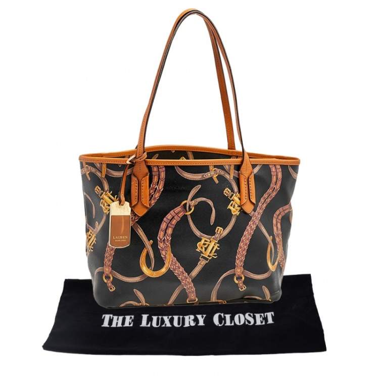 Pre Owned Ralph Lauren Black/Brown Equestrian Print PVC And Leather Shopper Tote