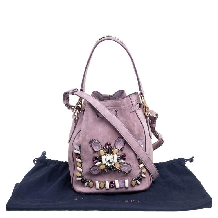 Pre Owned Ralph Lauren Purple Suede Crystal Embellished Drawstring Bucket Bag